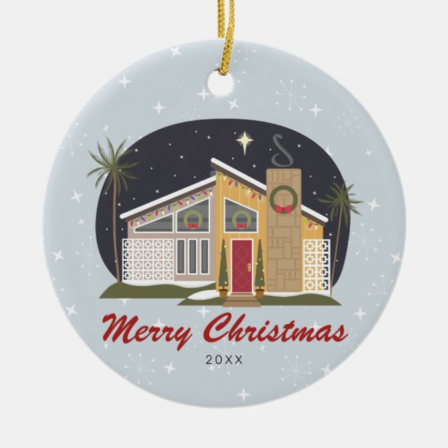Mid Century Modern Merry Christmas House Ceramic Ornament (Front)
