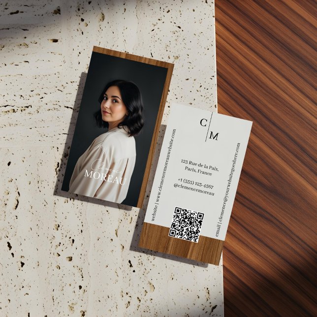 Mid-century Modern Minimal Woodgrain Photo QR Code Business Card (Mid-century Modern Minimal Woodgrain Photo QR Code Business Card)
