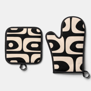 Mid Century Modern Minimalist Black Cream Piquet Oven Mitt & Pot Holder Set