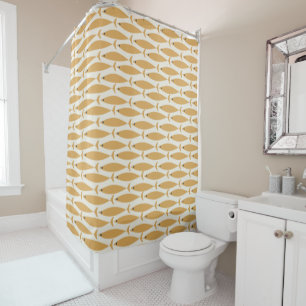 Mid Century Modern Minimalist Fish Pattern Mustard Shower Curtain