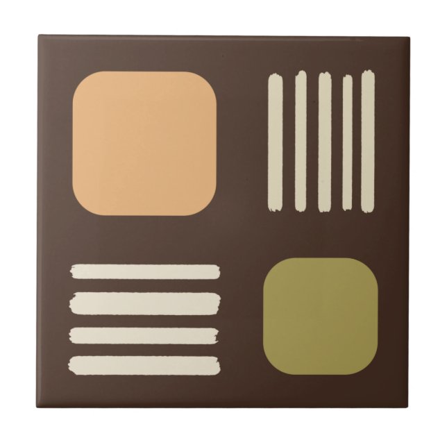 Mid Century Modern Minimalist Squares Lines Brown Ceramic Tile (Front)