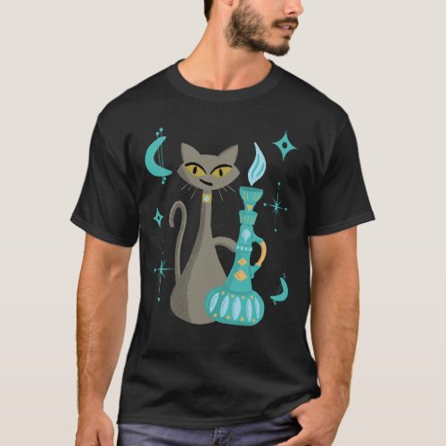 Mid_Century Modern Mischievous Cat with Genie Lamp T_Shirt