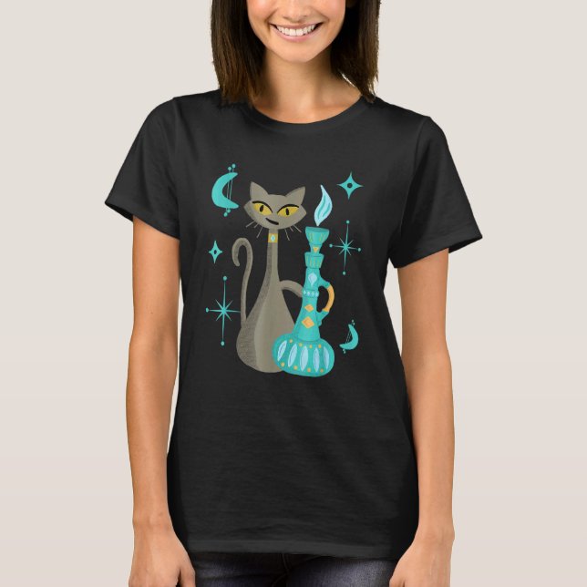 Mid Century Modern Mischievous Cat With Genie Lamp T-Shirt (Front)