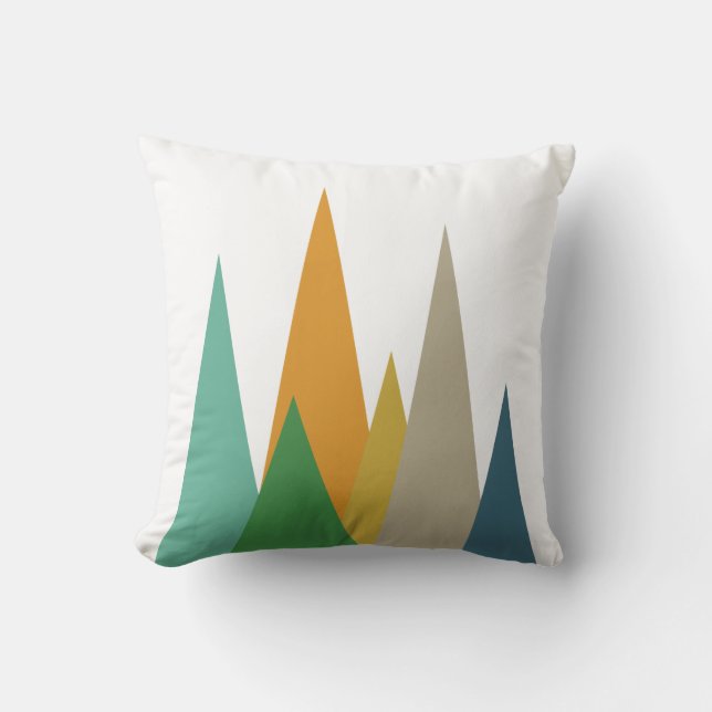 Mid Century Modern Mountains Green Blue Orange Throw Pillow (Front)