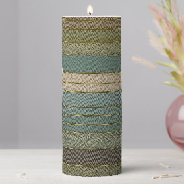 Mid Century Modern Muted Stripes Print Pillar Candle (In Situ)