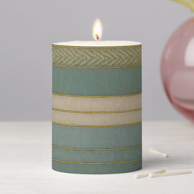 Mid Century Modern Muted Stripes Print Pillar Candle (In Situ)