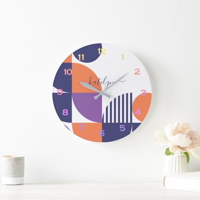 Mid Century Modern Navy-blue Blush Orange Pattern Large Clock (Home)