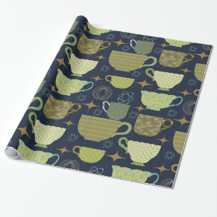 Mid Century Modern Navy Blue Teacup Wrapping Paper