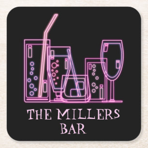 Mid Century Modern Neon Cocktail Bar Name Square Paper Coaster