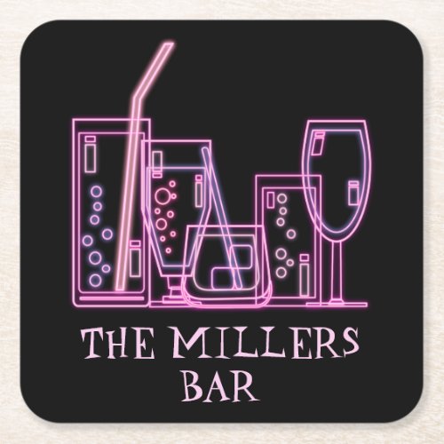 Mid Century Modern Neon Cocktail Bar Name Square Paper Coaster