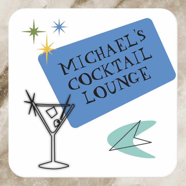 Mid Century Modern Neon Cocktail Lounge Name Square Paper Coaster (Creator Uploaded)