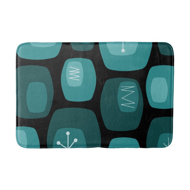 Mid Century Modern Oblongs Black Teal Bath Mat (Front)