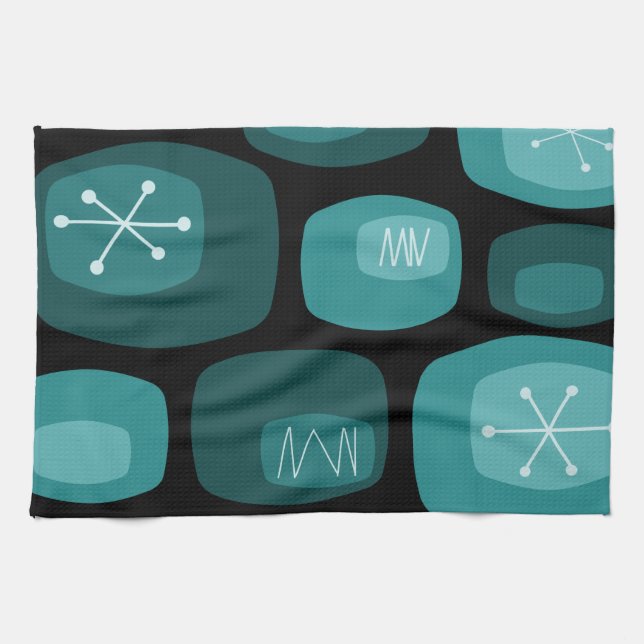 Mid Century Modern Oblongs Black Teal Kitchen Towel (Horizontal)