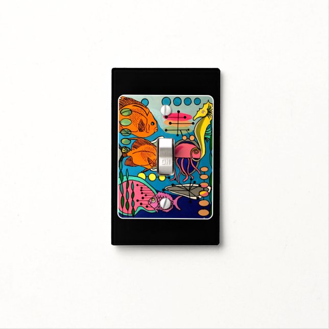 'Mid-Century Modern Ocean Aquatic' painting on a Light Switch Cover (In Situ)