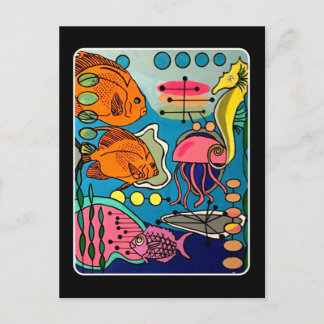 'Mid-Century Modern Ocean Aquatic' painting on a Postcard