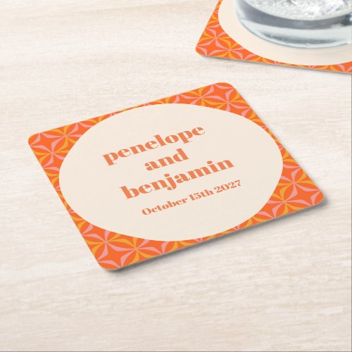 Mid Century Modern Orange Custom Wedding  Square Paper Coaster