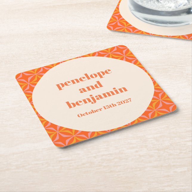 Mid Century Modern Orange Custom Wedding  Square Paper Coaster (Angled)