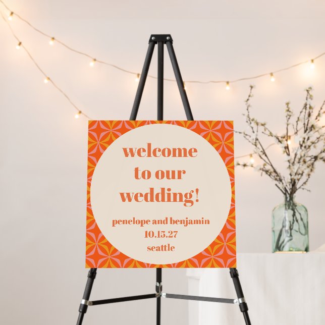 Mid Century Modern Orange Custom Wedding Welcome Foam Board (In Situ (Stand))