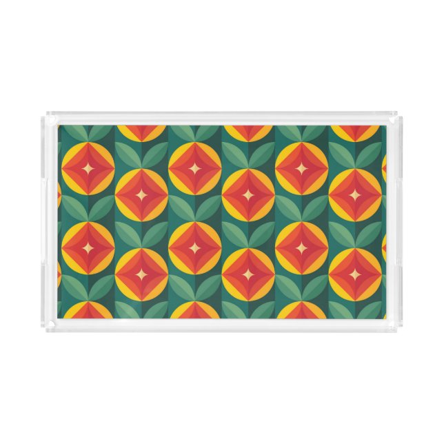 Mid Century Modern Orange Floral Pattern Acrylic Tray (Front)