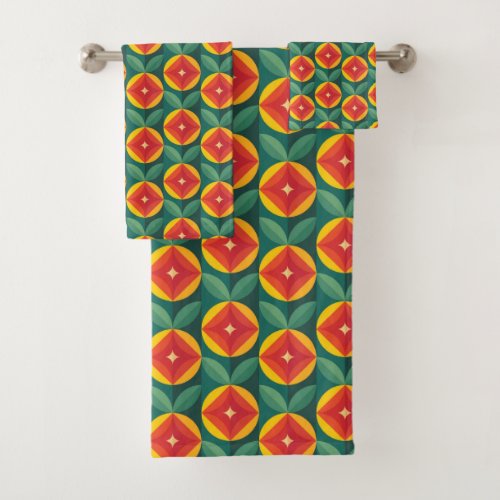 Mid Century Modern Orange Floral Pattern Bath Towel Set