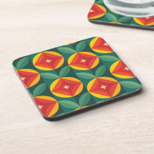 Mid Century Modern Orange Floral Pattern Beverage Coaster