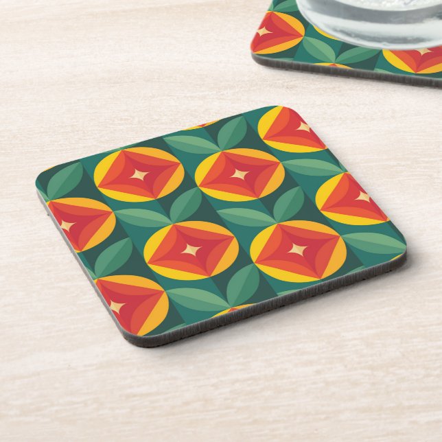 Mid Century Modern Orange Floral Pattern Beverage Coaster (Left Side)