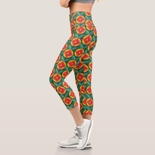 Mid Century Modern Orange Floral Pattern Capri Leggings