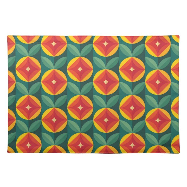 Mid Century Modern Orange Floral Pattern Cloth Placemat (Front)