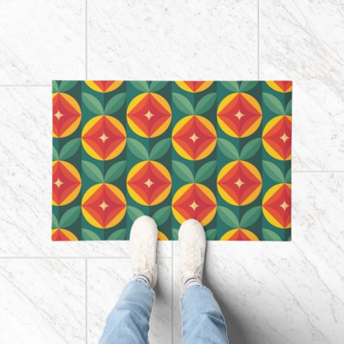 Mid Century Modern Orange Floral Pattern Doormat