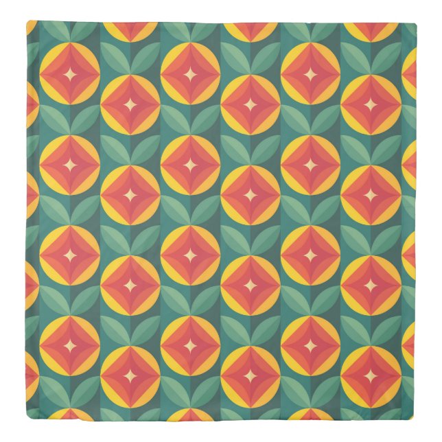 Mid Century Modern Orange Floral Pattern Duvet Cover (Front)
