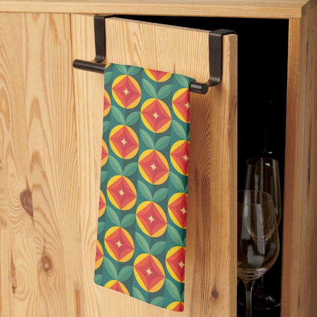 Mid Century Modern Orange Floral Pattern Kitchen Towel (Thirds Fold)