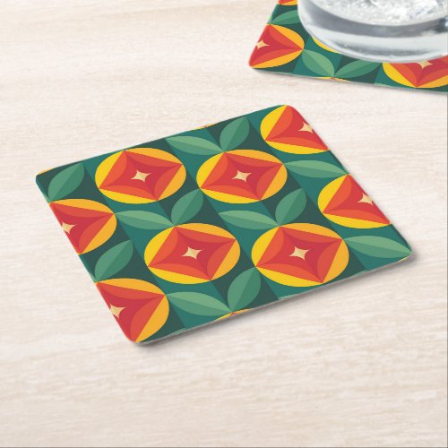Mid Century Modern Orange Floral Pattern Square Paper Coaster