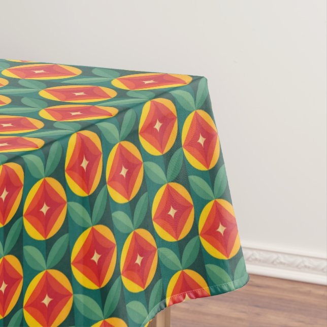 Mid Century Modern Orange Floral Pattern Tablecloth (In Situ)