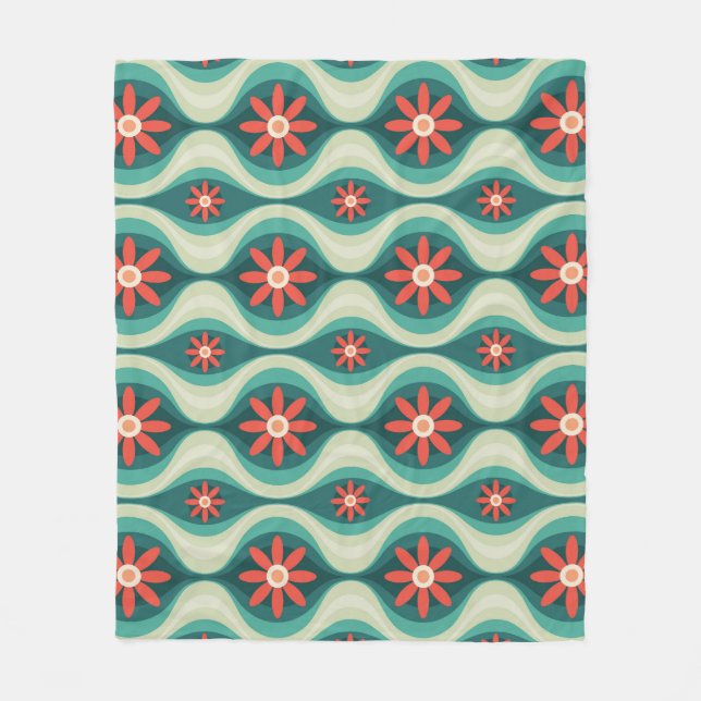 Mid-Century Modern: Orange Flowers Abstract Fleece Blanket (Front)