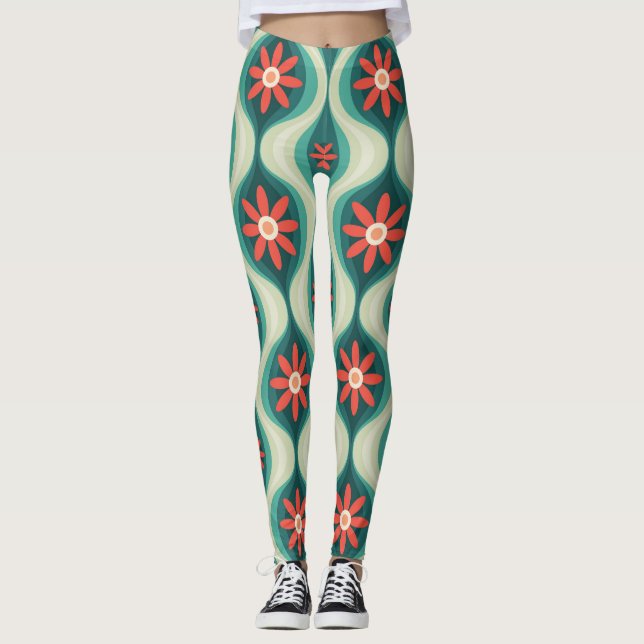 Mid-Century Modern: Orange Flowers Abstract Leggings (Front)