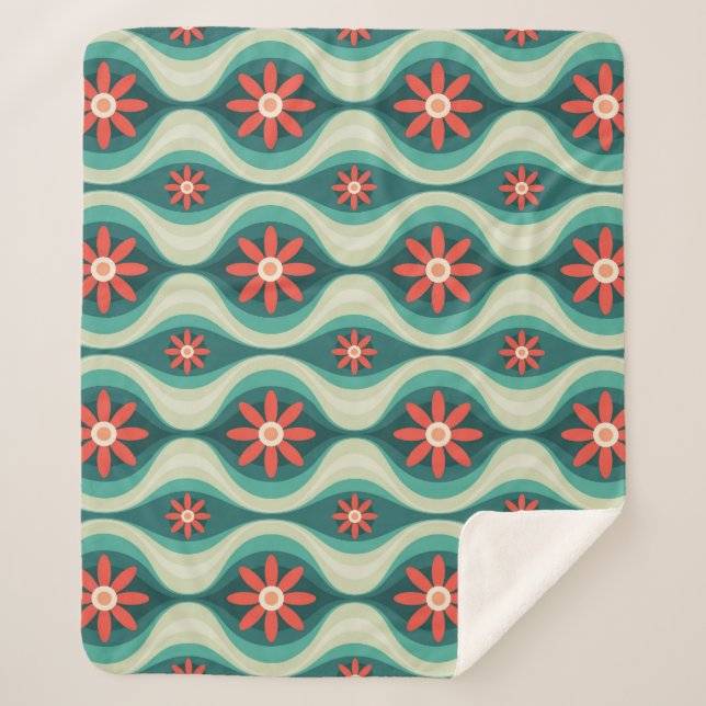 Mid-Century Modern: Orange Flowers Abstract Sherpa Blanket (Front)