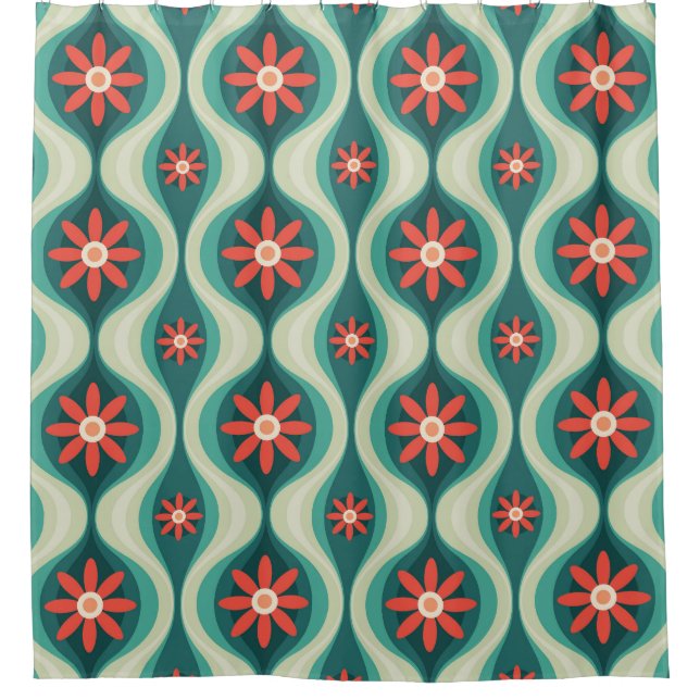 Mid-Century Modern: Orange Flowers Abstract Shower Curtain (Front)