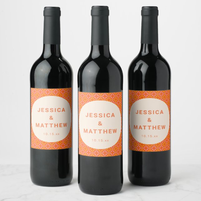 Mid Century Modern Orange Geometric Custom Wedding Wine Label (Bottles)