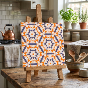 Mid Century Modern Orange Navy Blue Geometric Star Ceramic Tile