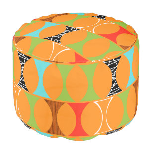 Mid Century Modern Orange Pattern Round Pouf