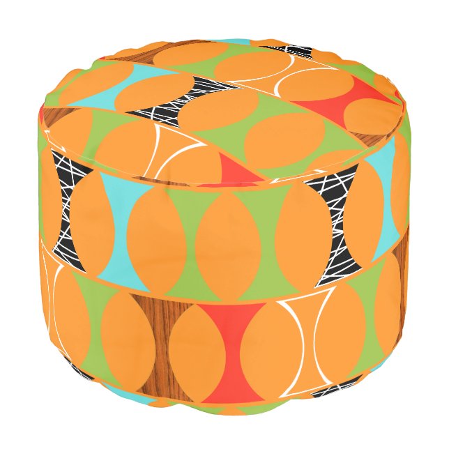 Mid Century Modern Orange Pattern Round Pouf (Angled Front)