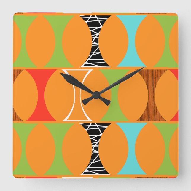 Mid Century Modern Orange Pattern Wall Clock (Front)