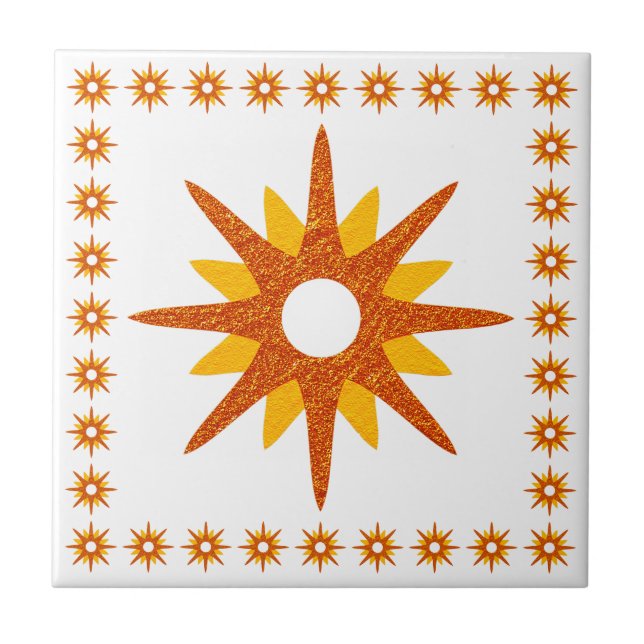 Mid-Century Modern Orange Starburst Design Ceramic Tile (Front)