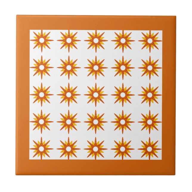 Mid-Century Modern Orange Starburst Pattern Ceramic Tile (Front)
