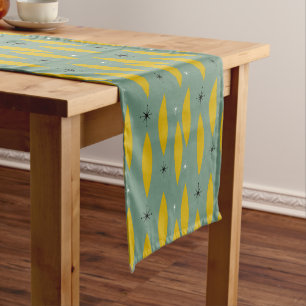 Mid Century Modern Ovals, Starbursts, Gold on Teal Medium Table Runner