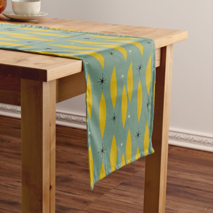 Mid Century Modern Ovals, Starbursts, Gold on Teal Medium Table Runner