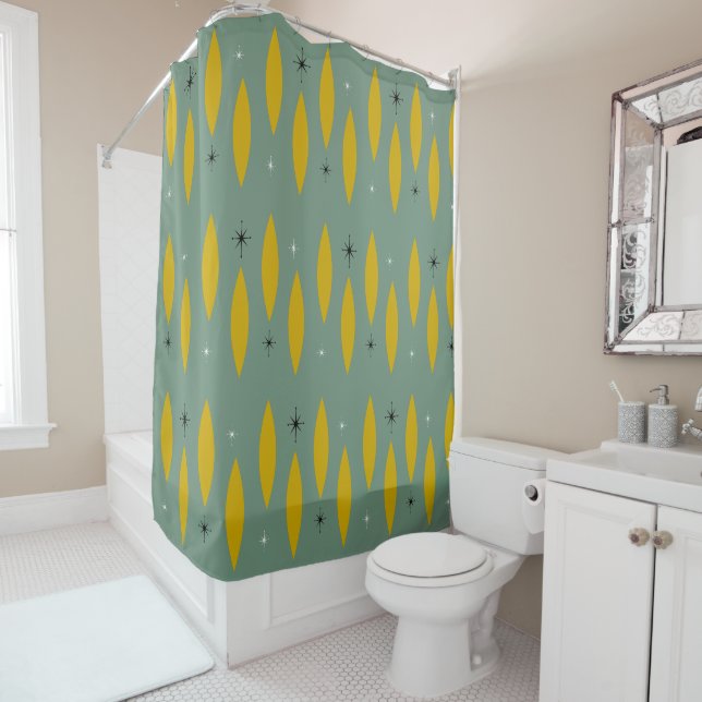 Mid Century Modern Ovals, Starbursts, Gold on Teal Shower Curtain (In Situ)