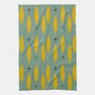Mid Century Modern Ovals, Starbursts, Gold on Teal Towel