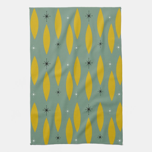 Mid Century Modern Ovals, Starbursts, Gold on Teal Towel (Vertical)