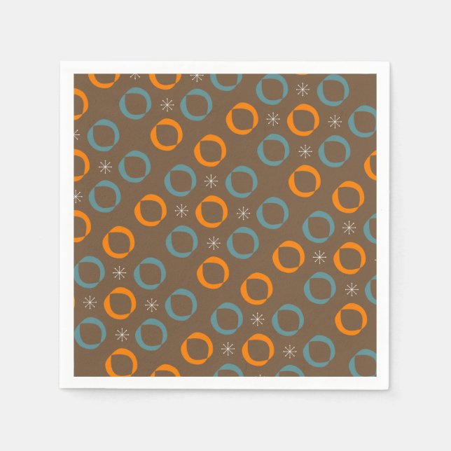 Mid Century Modern, Ovals, Stars Teal Orange Brown Napkins (Front)